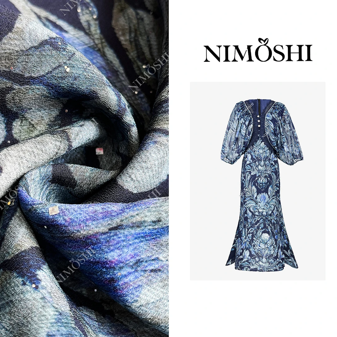 NIMOSHI莎总新款法式高级·印花V领高腰设计气质显瘦连衣裙Q1992