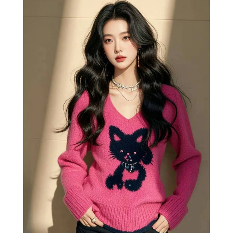 秋冬V领小猫针织套头毛衣2025新款气质设计感超好看独特漂亮上衣
