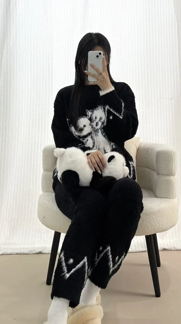 新款半边绒加厚卡通立体绒小狗休闲慵懒风套头可外穿家居服套装