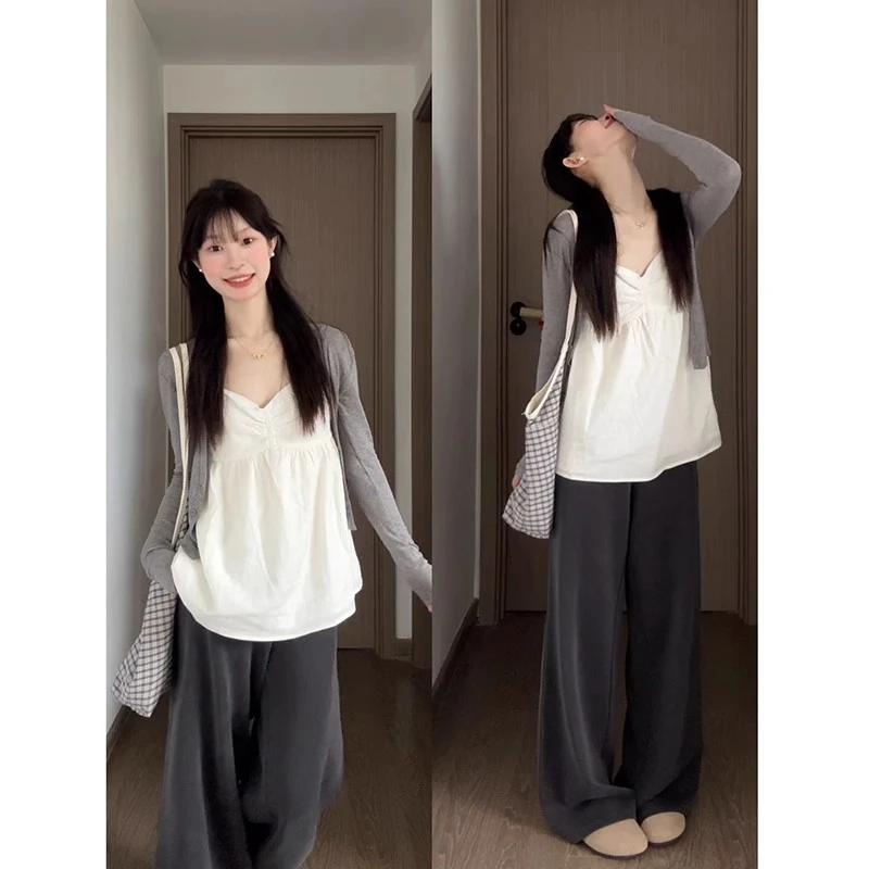 甜美风白色吊带背心女夏季2025新款休闲宽松长袖上衣外穿两件套