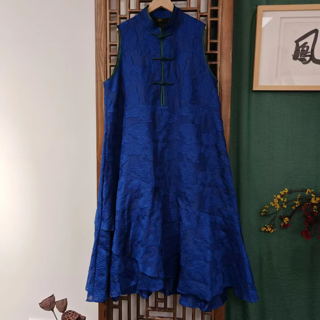 凤徕兮私人定制蓝色提花绿包边套头盘扣小立领马甲（HM101064）蓝