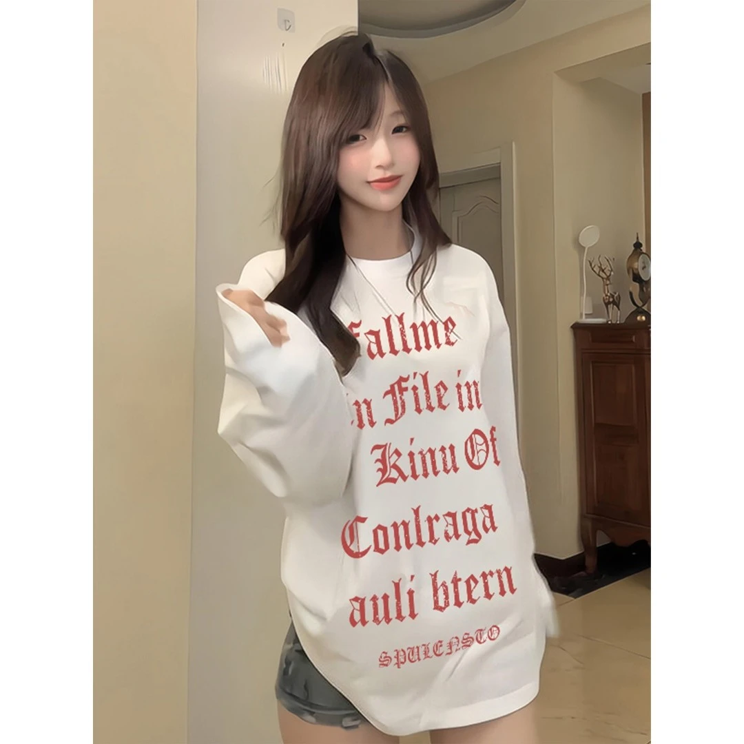 YWBY春秋新款学院风圆领长袖t恤女设计感宽松百搭显瘦打底衫上衣