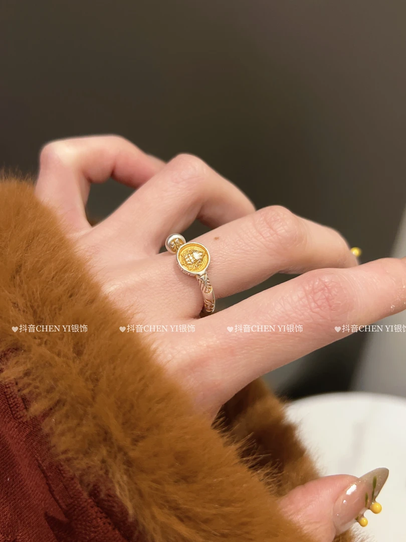 足银戒指 足银999.9[吉神】描金黄财神吉言手工小众时尚开口戒指