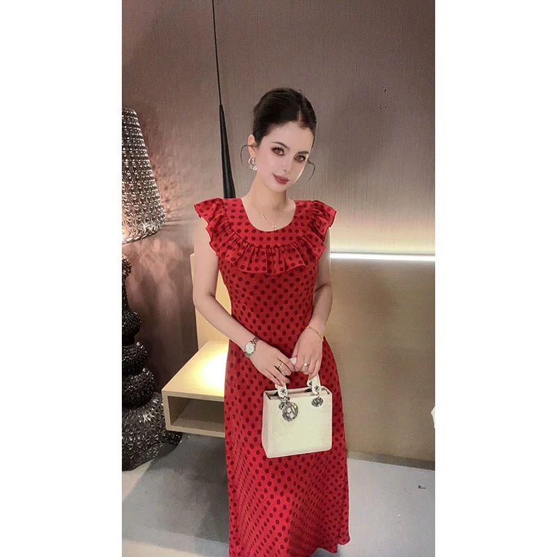 （特价）前后两穿V领波点印花连衣裙LYQ30767