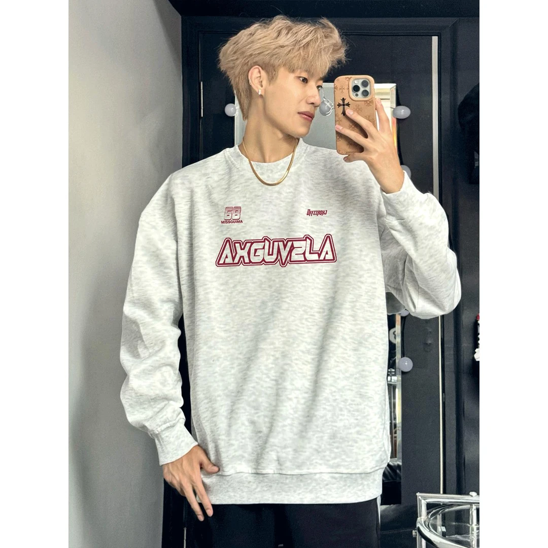 美式高街潮牌趣味字母印花圆领套头卫衣男款冬季加绒加厚外套上衣