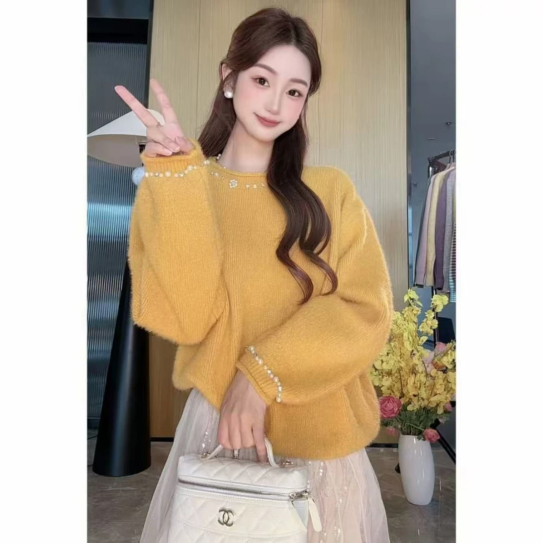 不起球 超重工钉珠卷边毛衣女慵懒风加厚针织衫打底衫