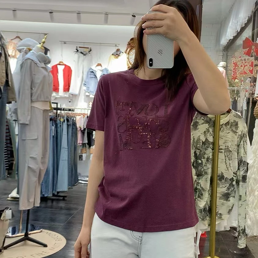 夏季新品圆领显瘦字母亮片短袖T恤衫打底时尚洋气女减龄百搭小衫