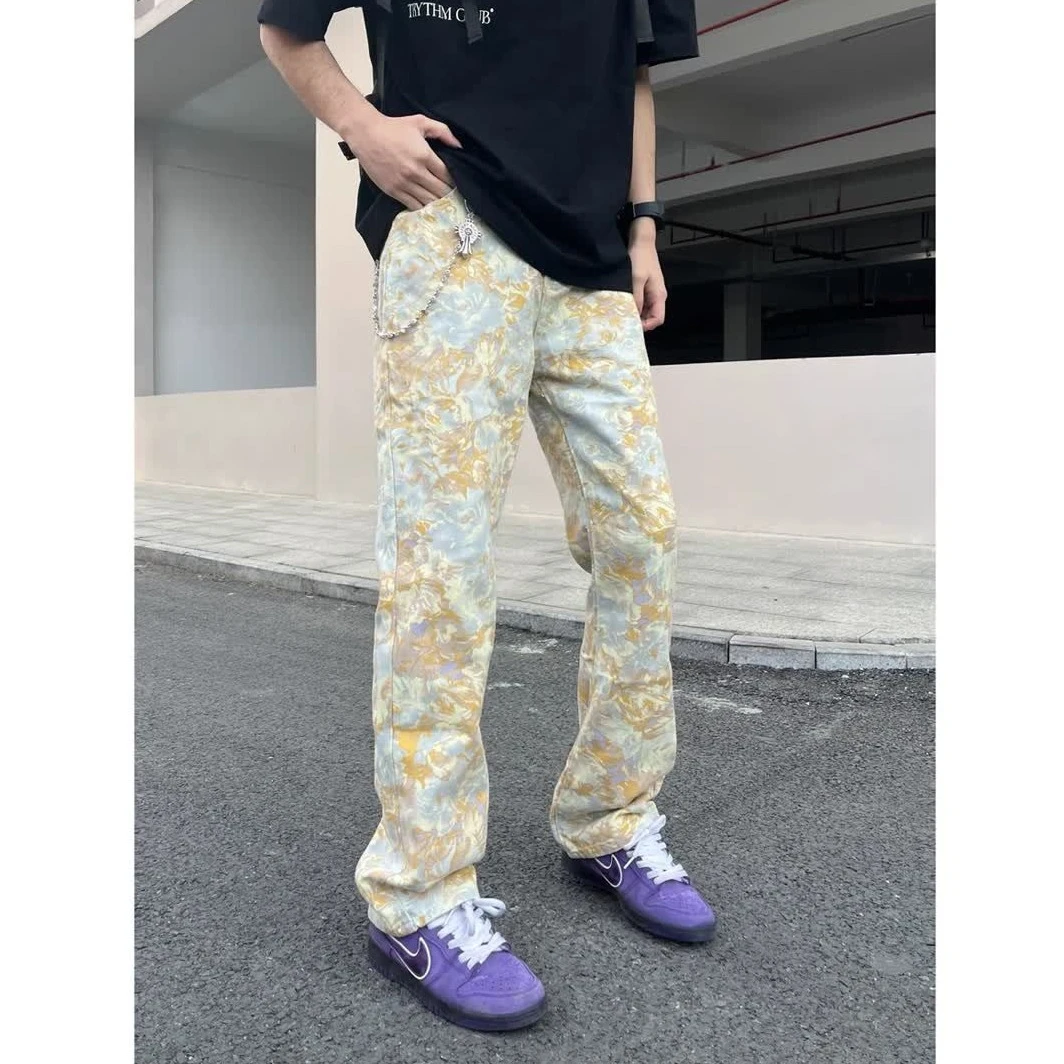 美式vibe风黄色扎染彩色牛仔裤男女高街潮流痞帅休闲宽松百搭裤子