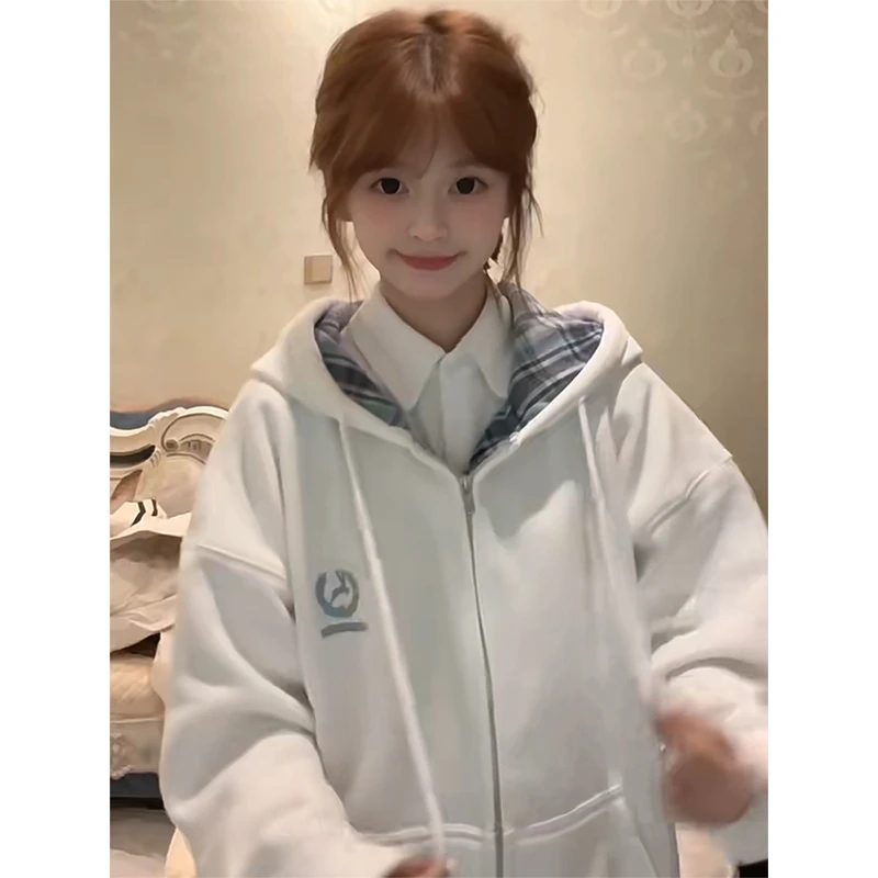 美式设计别致格子拼接连帽开衫卫衣女秋冬季百搭宽松加绒加厚外套