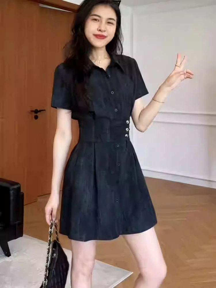 大码胖mm气质高级感掐腰短袖小裙子夏季新款修身显瘦遮胯连衣裙女