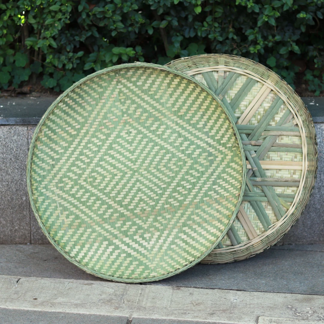 直径60cm花纹簸箕晾晒粮食干货靑篾锁边圆形农家用具竹编花纹簸箕