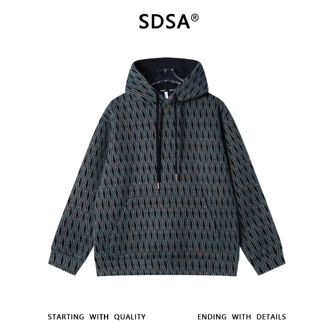 SDSA秋冬新款痞帅男装时尚撞色菱形绒毛抽绳连帽卫衣百搭时尚上衣