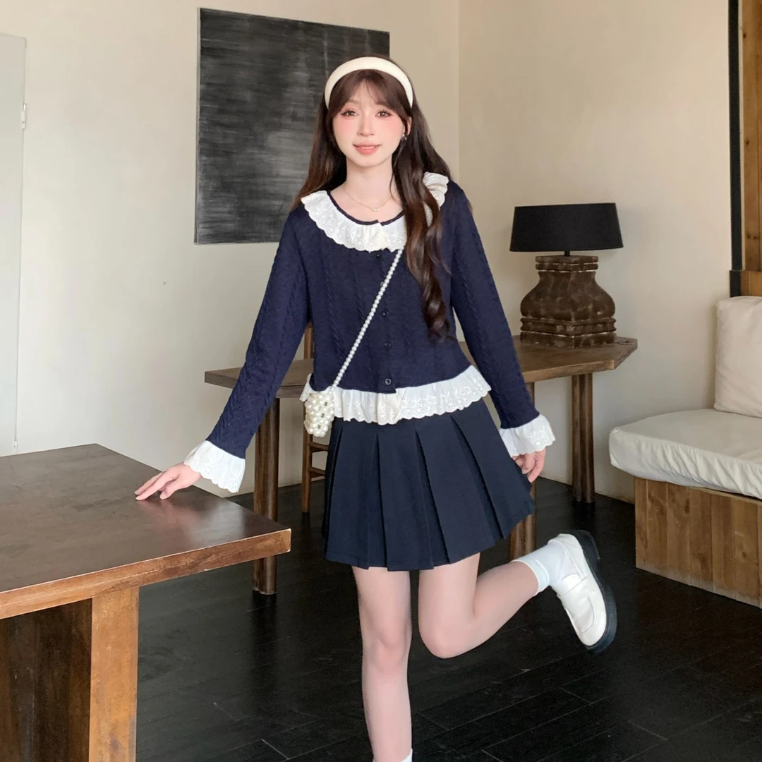 慕兔法式拼接假两件长袖针织衫女2025秋季新款显瘦设计感小众上衣