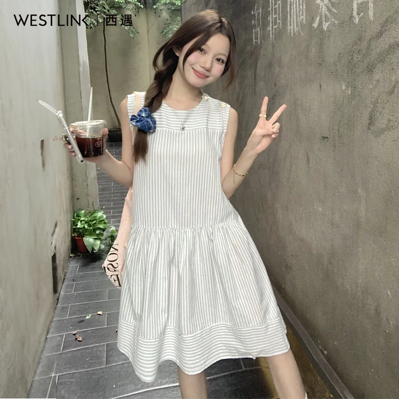 西遇无袖背心连衣裙女2025年夏季新款撞色宽松圆领条纹法式裙子