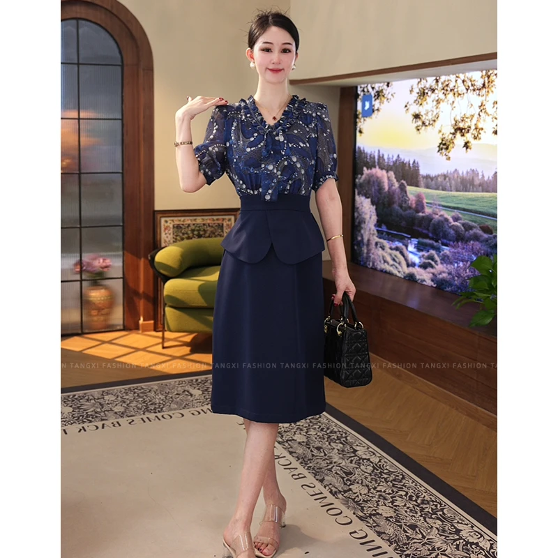 2025夏季新款【DD-X2578】轻奢拼接设计气质时尚蓝色中长款连衣裙子