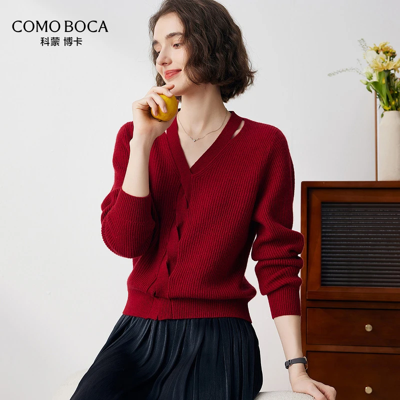 COMOBOCA/科蒙·博卡秋冬百搭V领长袖气质宽松针织羊绒衫KSR1398