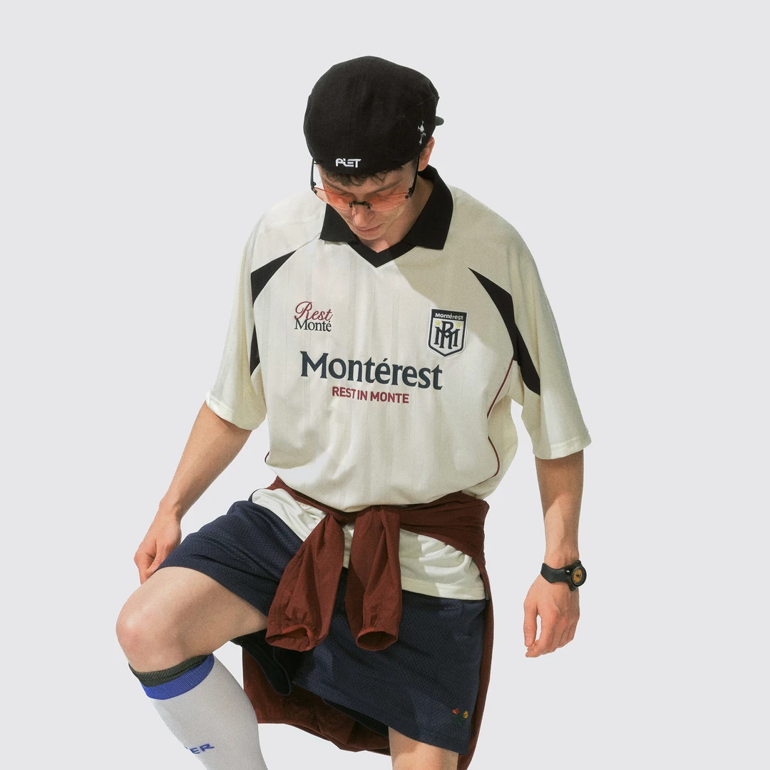 瞬时山野Monterest户外复古运动印花球衣polo衫宽松圆领短袖T恤男