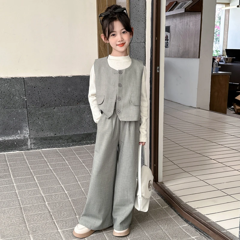 女童套装2025新款时髦洋气春装儿童中大童秋季马甲西装三件套薄