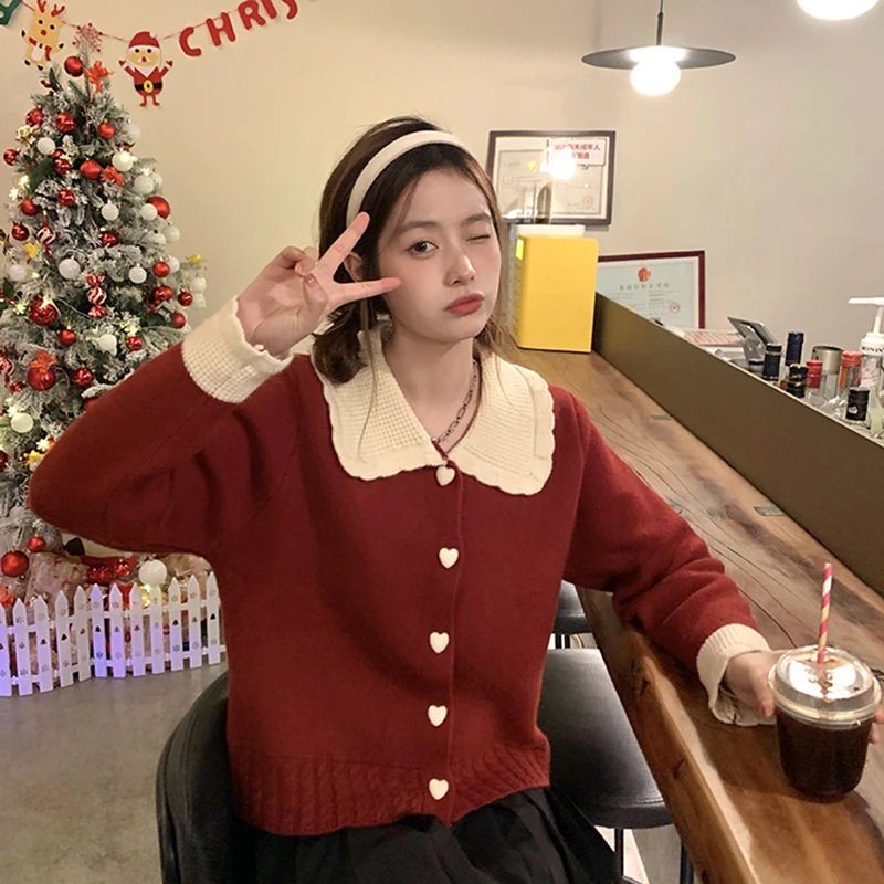 莲叶质量过年红甜美娃娃领开衫女秋冬软糯洋气爱心扣针织外套