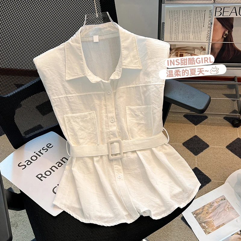 La Chapelle/拉夏贝尔十三行夏季显瘦翻领无袖衬衫女无袖马甲衬衣