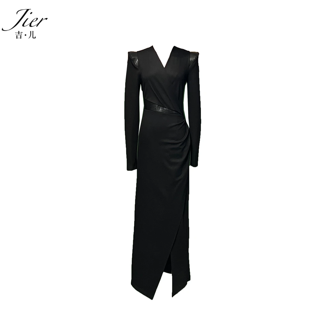 【Jier吉儿】原创设计师 X型长袖意式气质系扣优雅女装黑色连衣裙