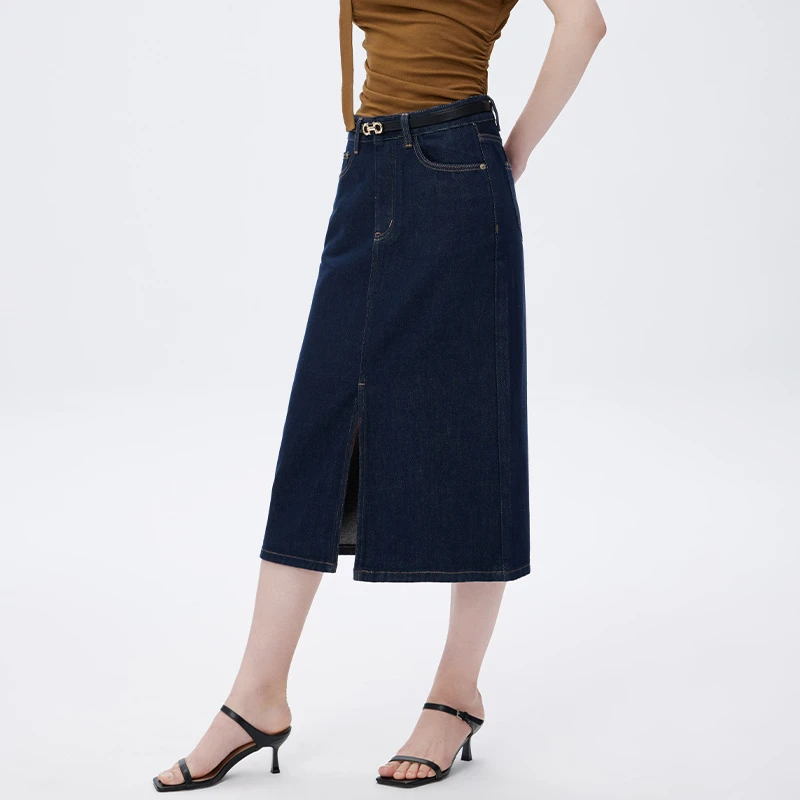 NABOTH春夏季女士原牛直筒显瘦前开叉通勤高腰半身牛仔裙