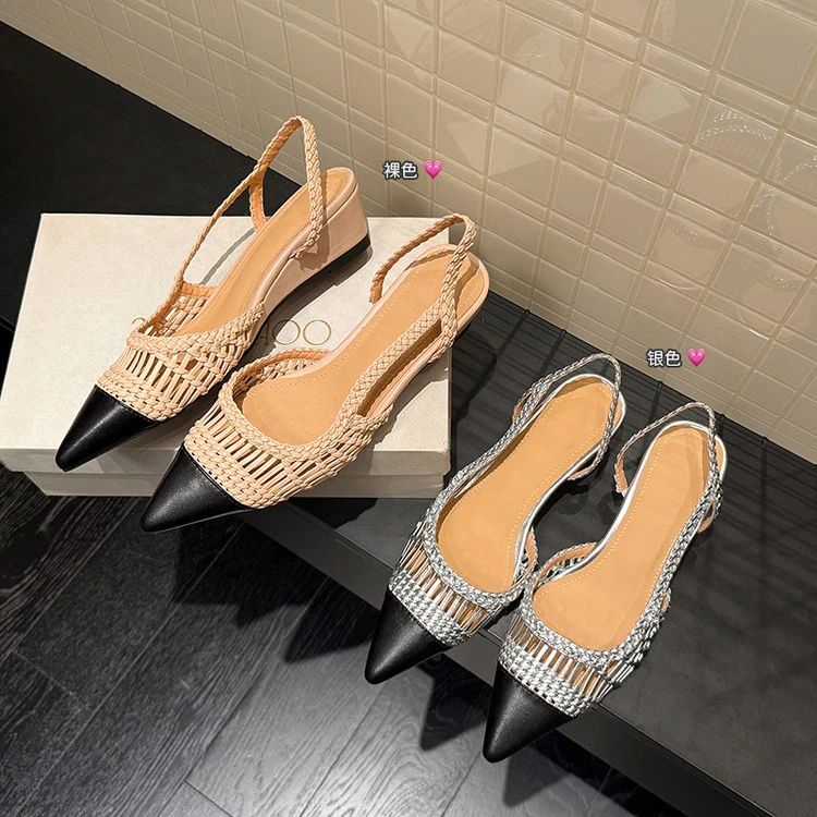 【34-40】4.5cm新款镂空包头气质尖头编织女时装凉鞋时尚浅口复古风