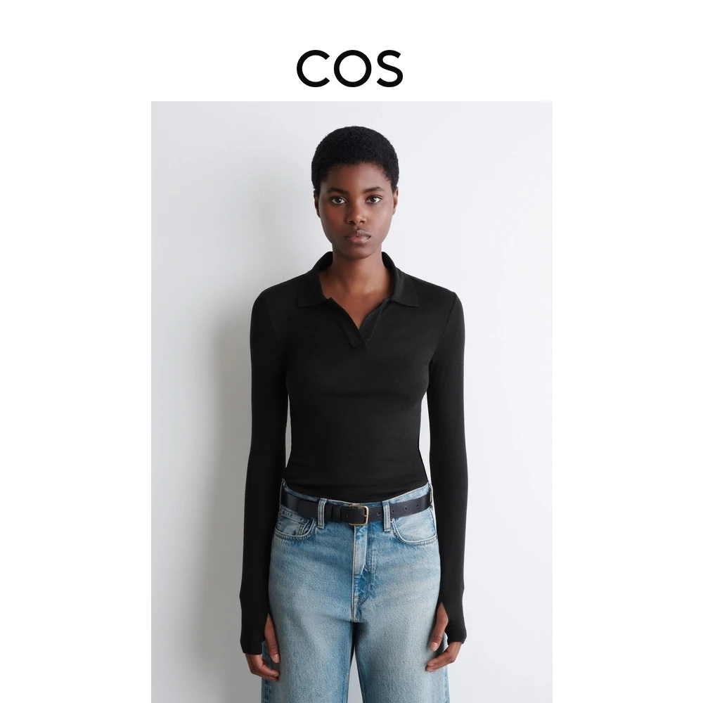 COS女装 修身版型美利奴羊毛POLO衫黑色2025秋季新品1290034002