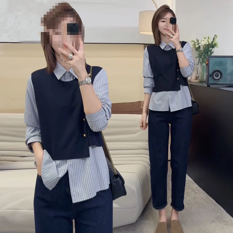 长袖假两件拼接条纹衬衫女装2025春装新款显瘦叠穿衬衣开衫上衣