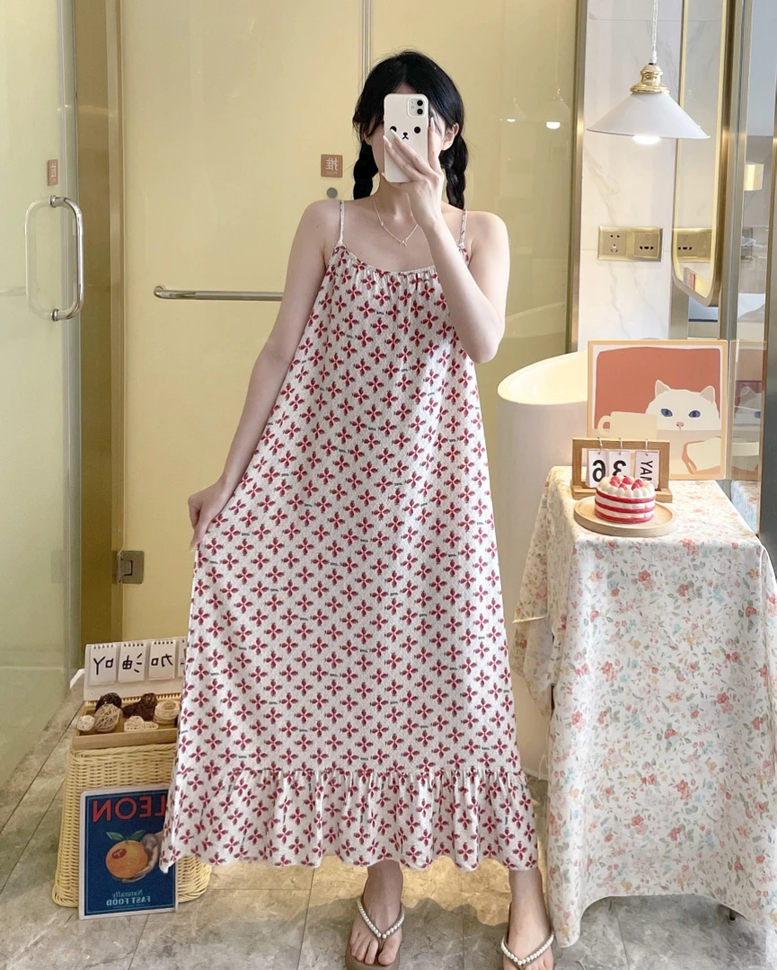 2025新款绵绸中长裙吊带简约夏季女睡裙裙子宽松韩版夏天长裙大码