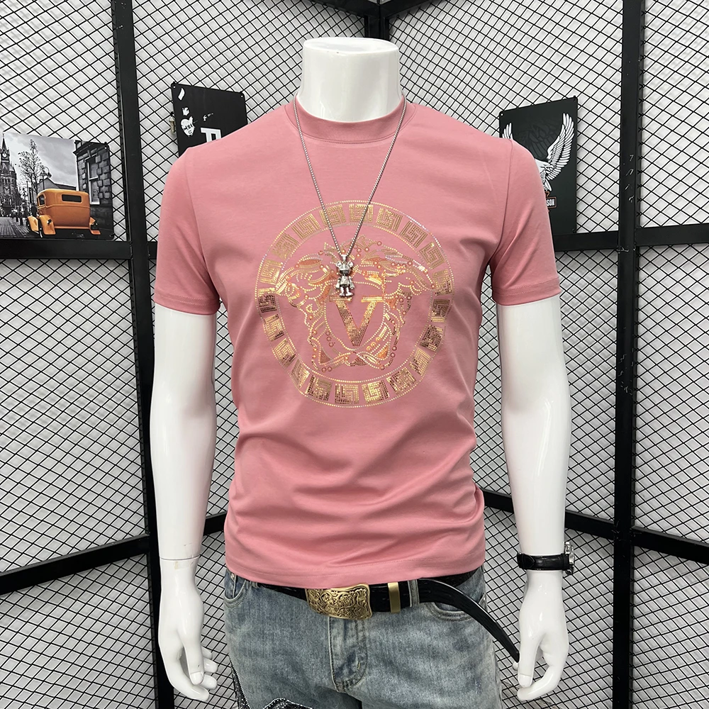 欧洲站潮牌男士夏季镭射烫金双丝光重磅印花半袖t恤个性圆领短袖