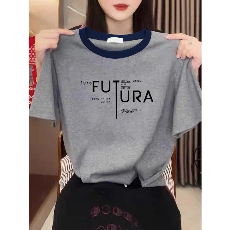 2025新款正肩圆领短袖t恤女ins休闲百搭插色洋气撞色灰色上衣夏季