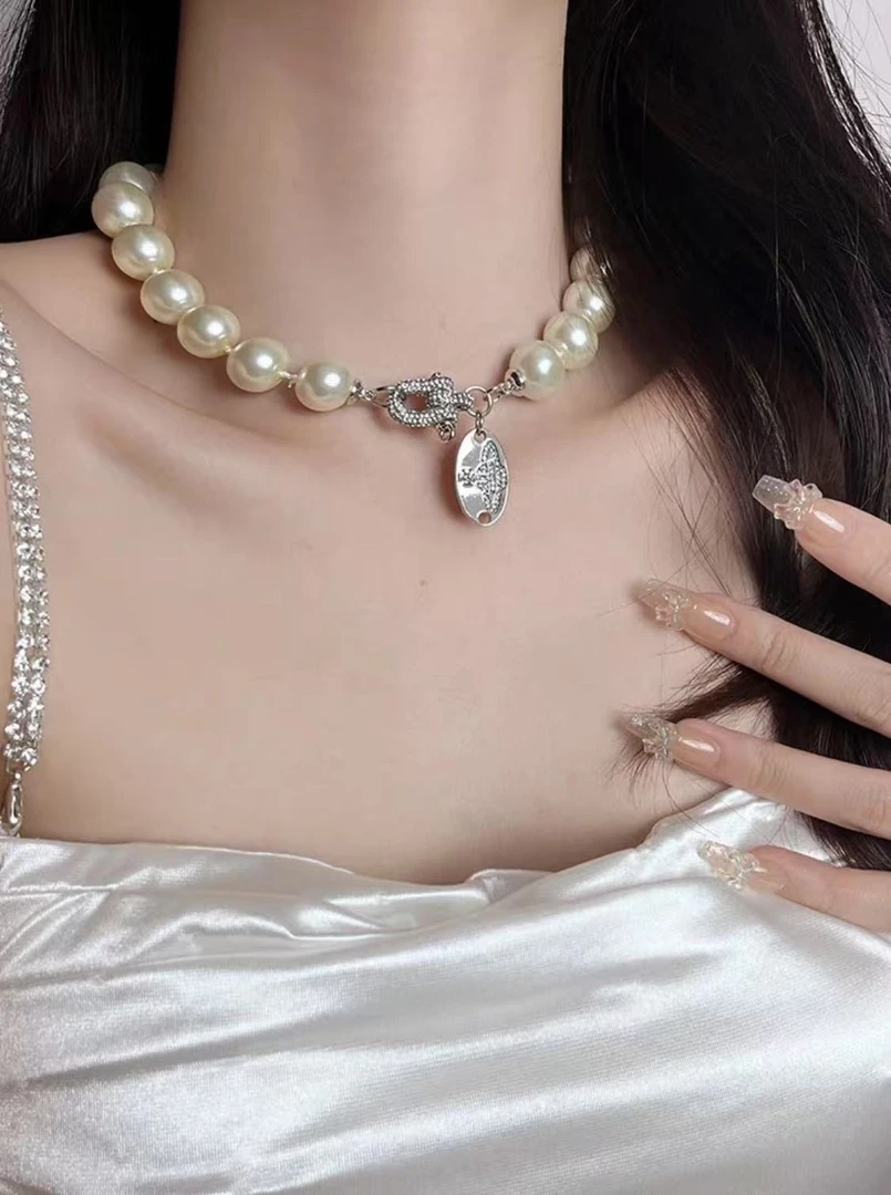 铜合金仿珍珠项链 U型满钻马蹄扣土星大珍珠项链  8307