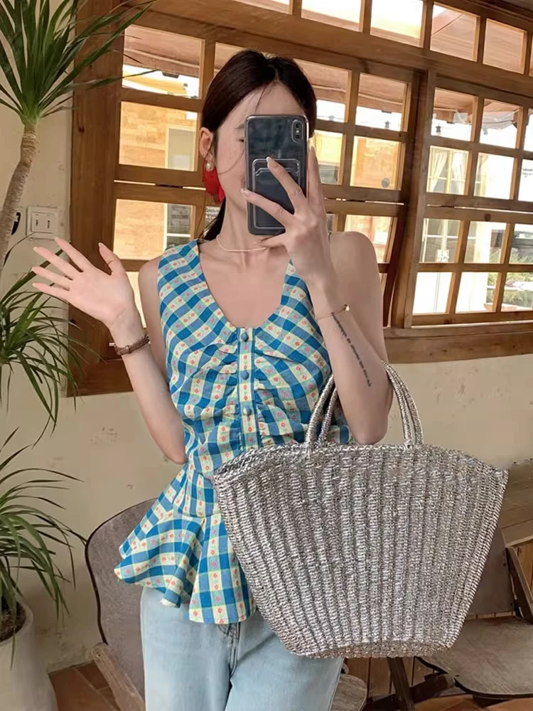 韩版蓝色格子吊带背心女夏季纯欲风v领宽肩带无袖小个子上衣外穿