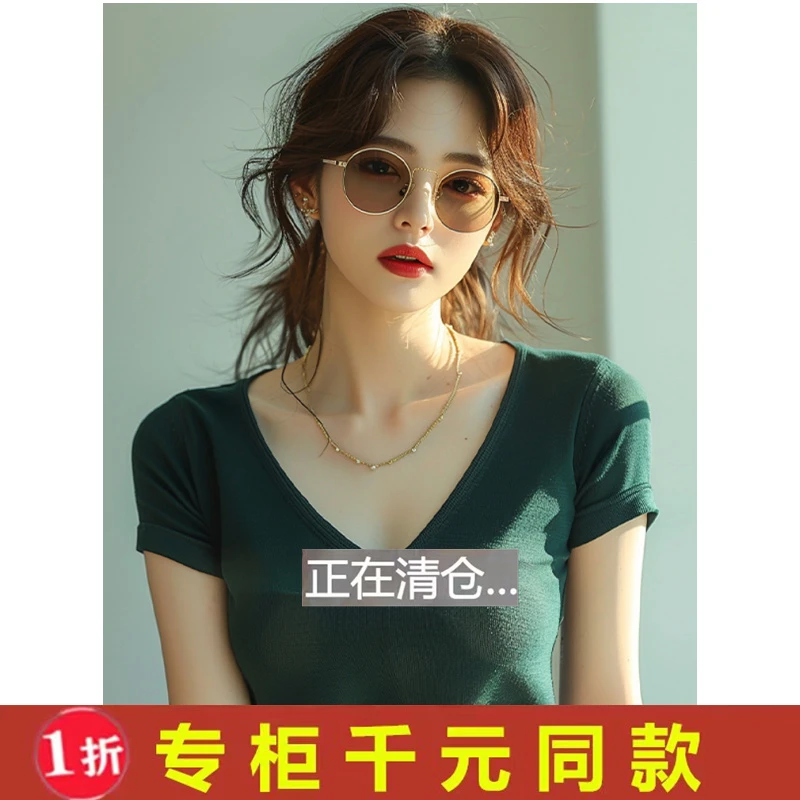 外贸意大利原单出口剪标复古绿色短袖t恤女夏别致绝美修身v领上衣