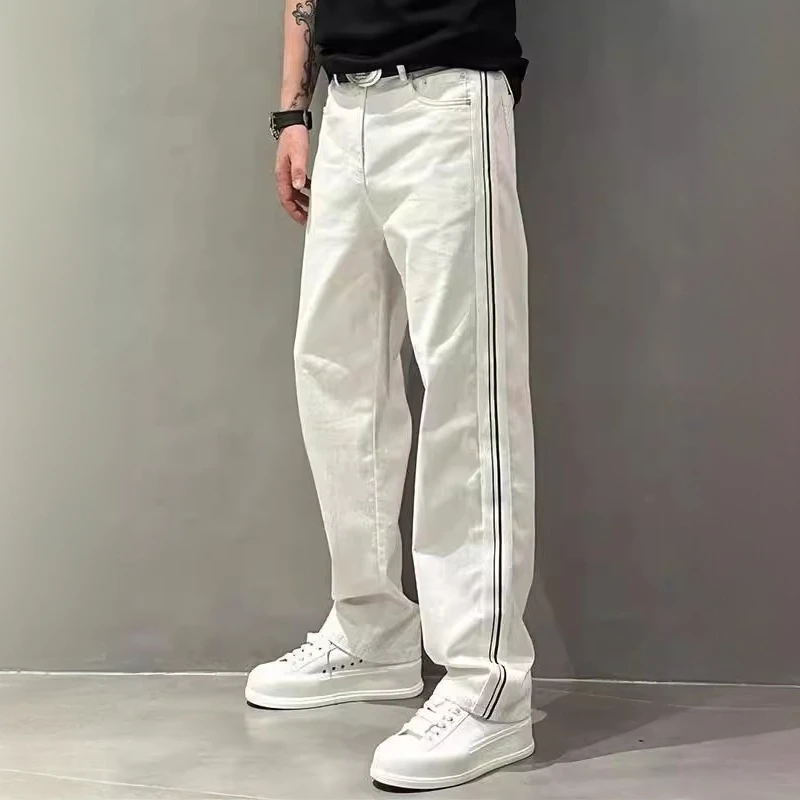 夏季薄款时尚宽松白色牛仔裤男潮百搭阔腿裤男条纹拼接直筒休闲裤