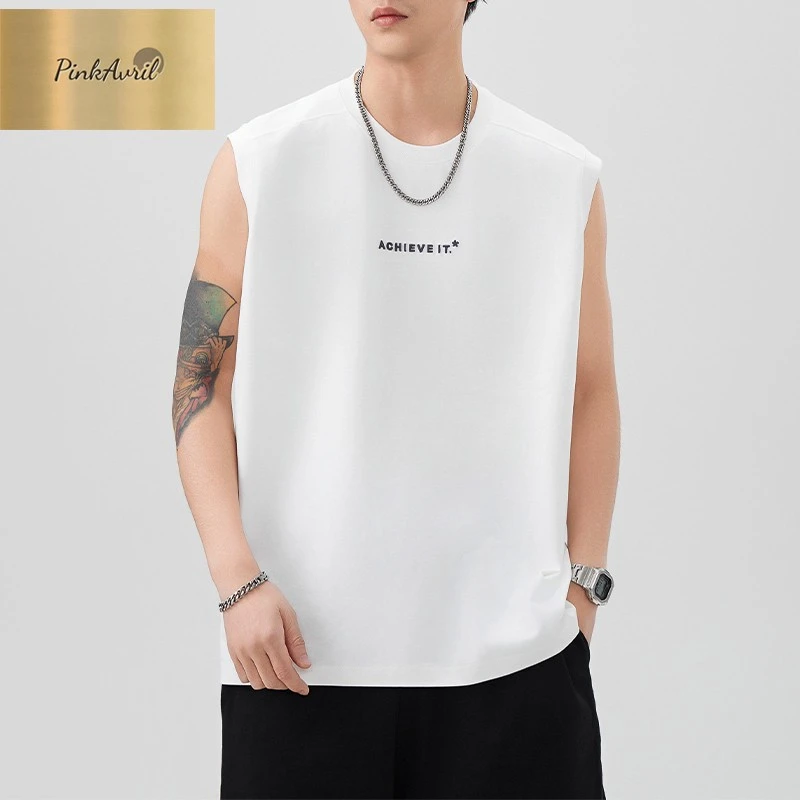 PinkAvril童先森无袖背心T恤男夏季美式复古圆领坎肩汗衫男士宽松