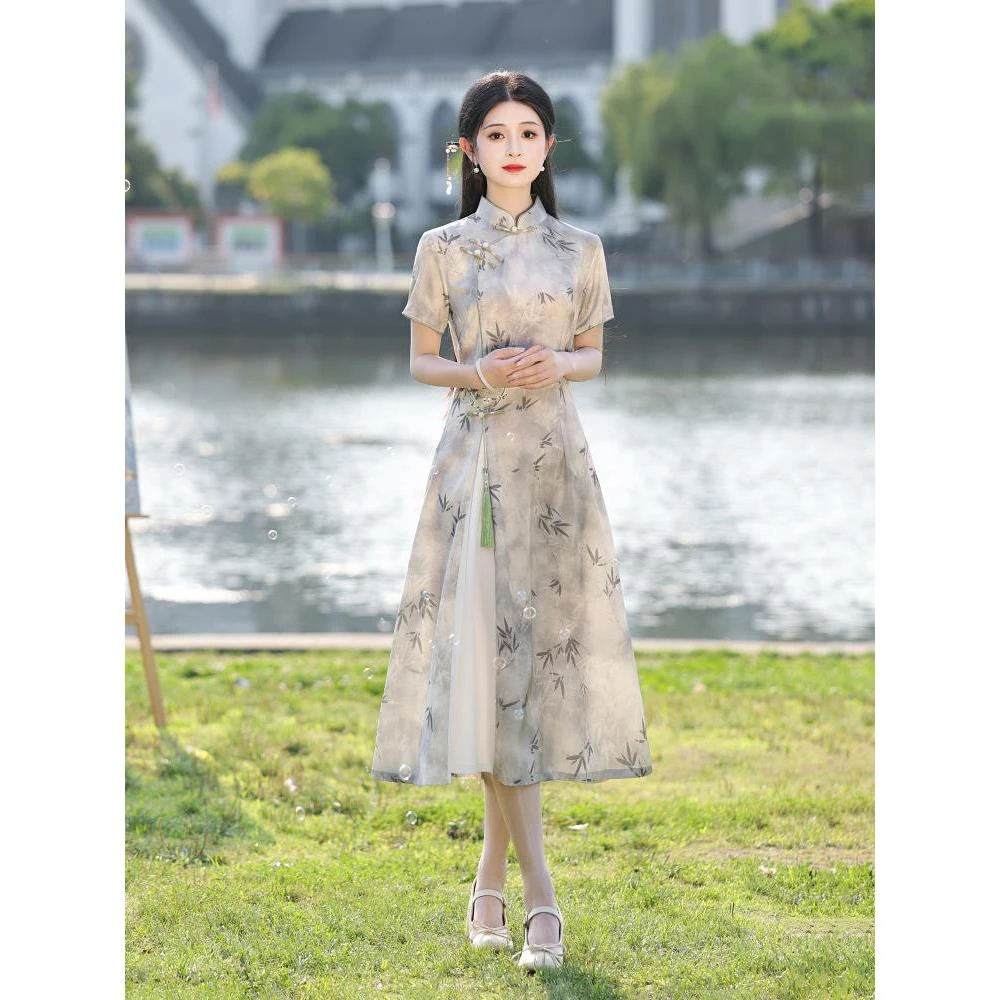 奥黛旗袍2025新款夏季改良年轻款少女茶服新中式日常可穿修身显瘦