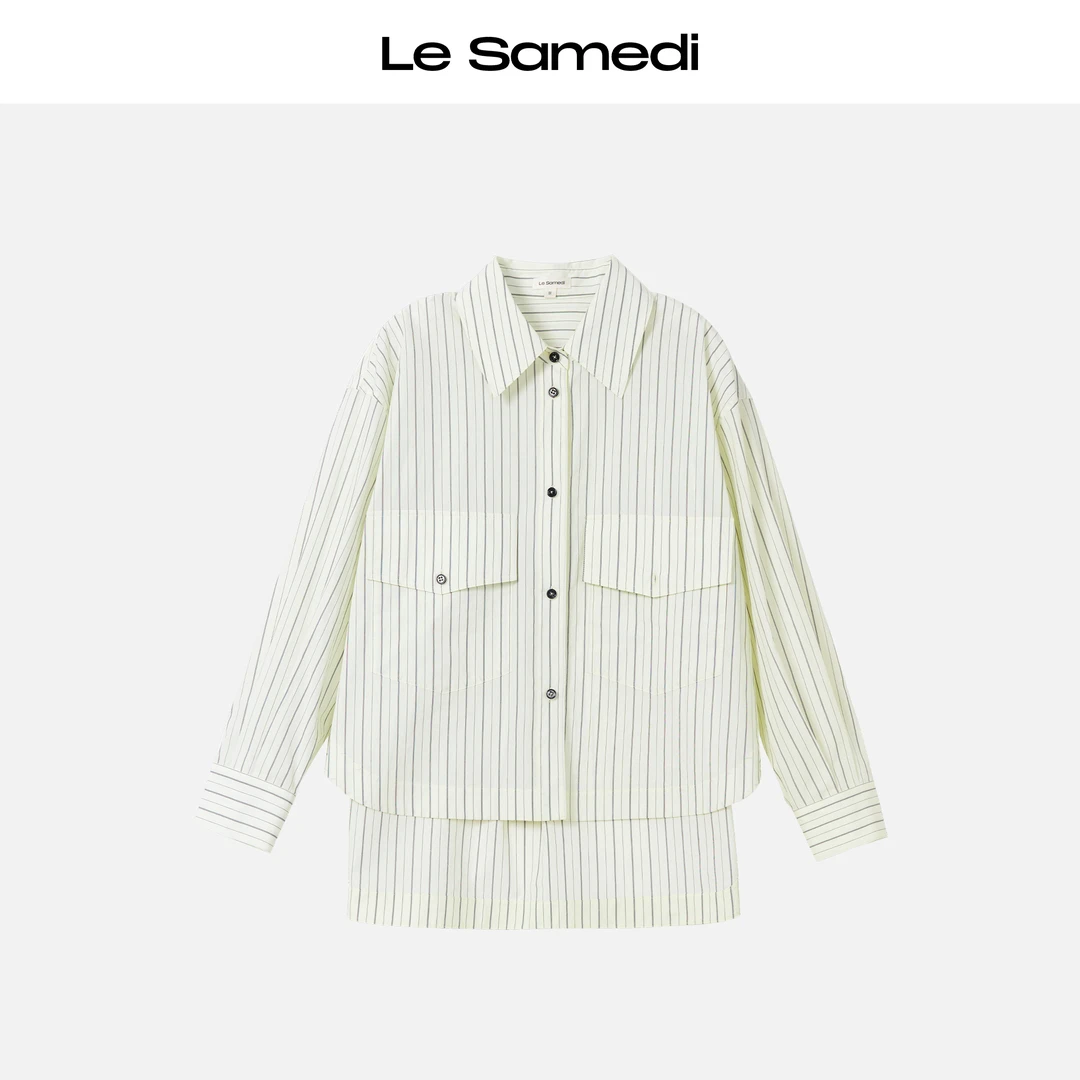 Le Samedi【迷人的条纹】色织条纹棉 复古工装感前短后长廓形衬衫