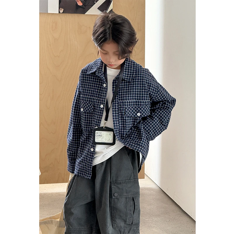 柒号童仓童装男童衬衫外套2025新款儿童秋冬款长袖格子中大童衬衣