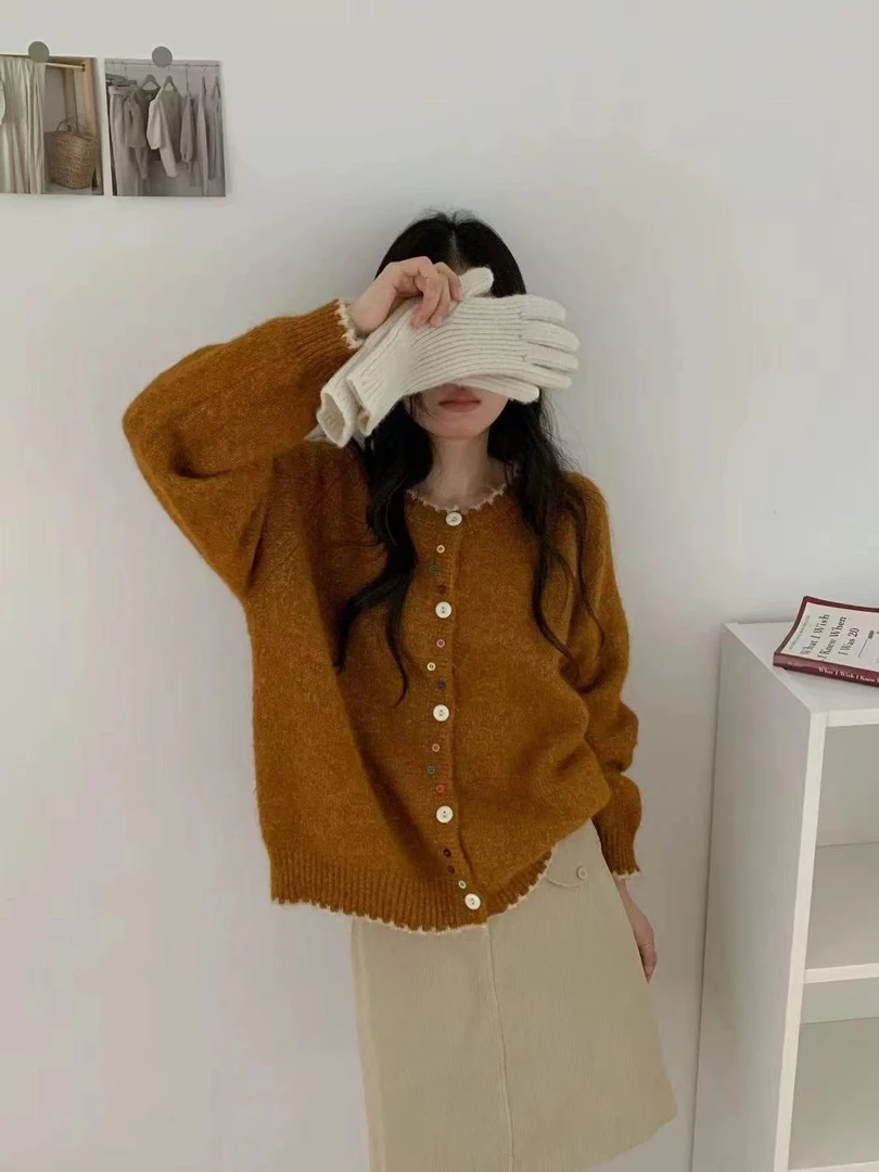 韩版撞色彩扣软糯百搭针织开衫女2025秋冬新款宽松显瘦毛衣外套