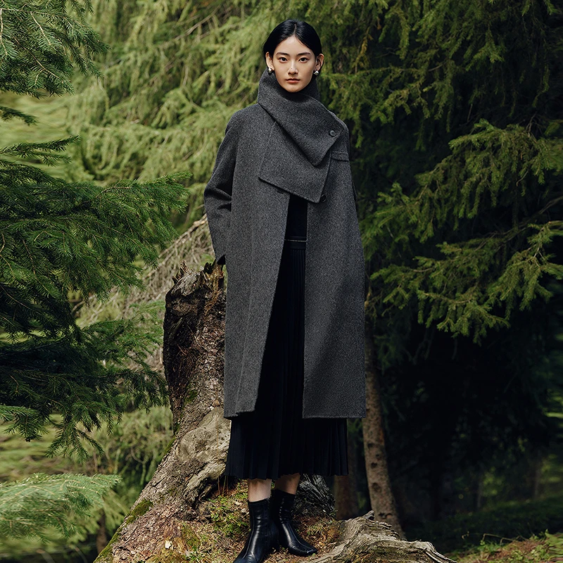珂莱蒂尔2025年冬新款【瑰丽大衣】绵羊毛双面呢大衣宽松可拆围脖