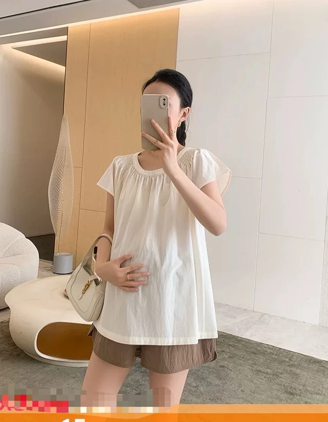 大码孕妇2025夏季新款小飞袖褶皱圆领遮肚上衣宽松时尚8445