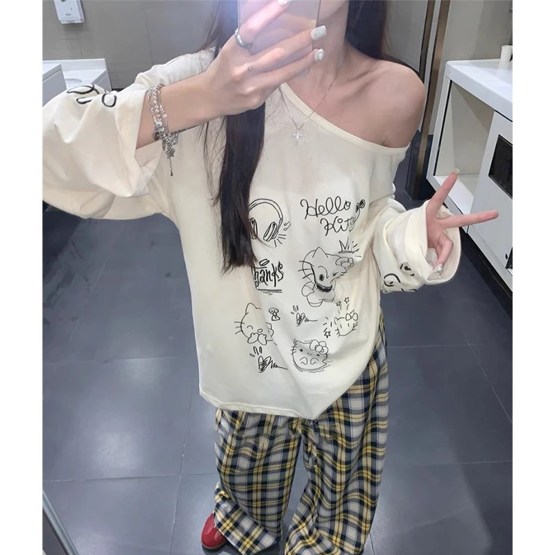 番茄妹妹Tomatosister 韩风防晒手绘印花罩衫+格纹休闲直筒拖地裤