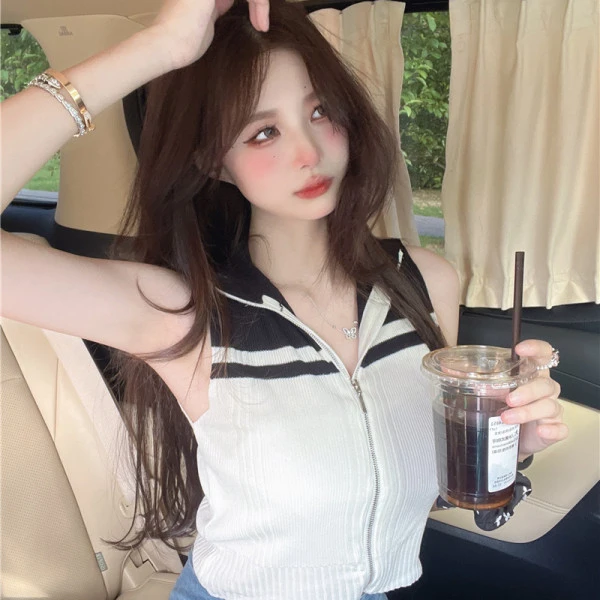 【工厂直销】纯欲辣妹性感拉链半高领新款撞色无袖背心女夏坎肩上衣