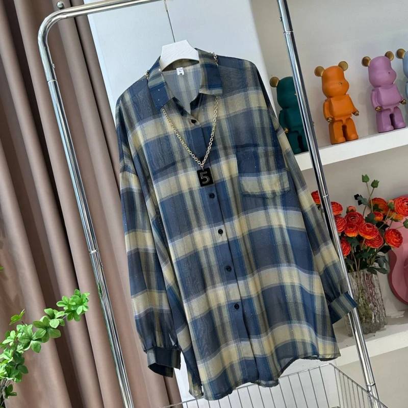 星空闪格子防晒0085#春季长袖宽松空调衫休闲中长款格纹衬衫上衣