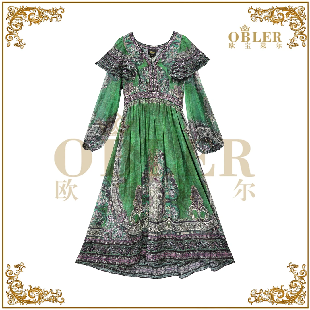 【欧宝莱尔】OBLER轻奢2025春夏出游时尚新款连衣裙305-25272绿色