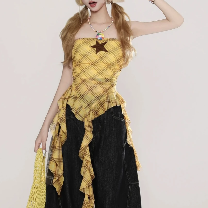 【现货秒发】星星刺绣格纹不规则抹胸背心女夏季新款辣妹显瘦上衣