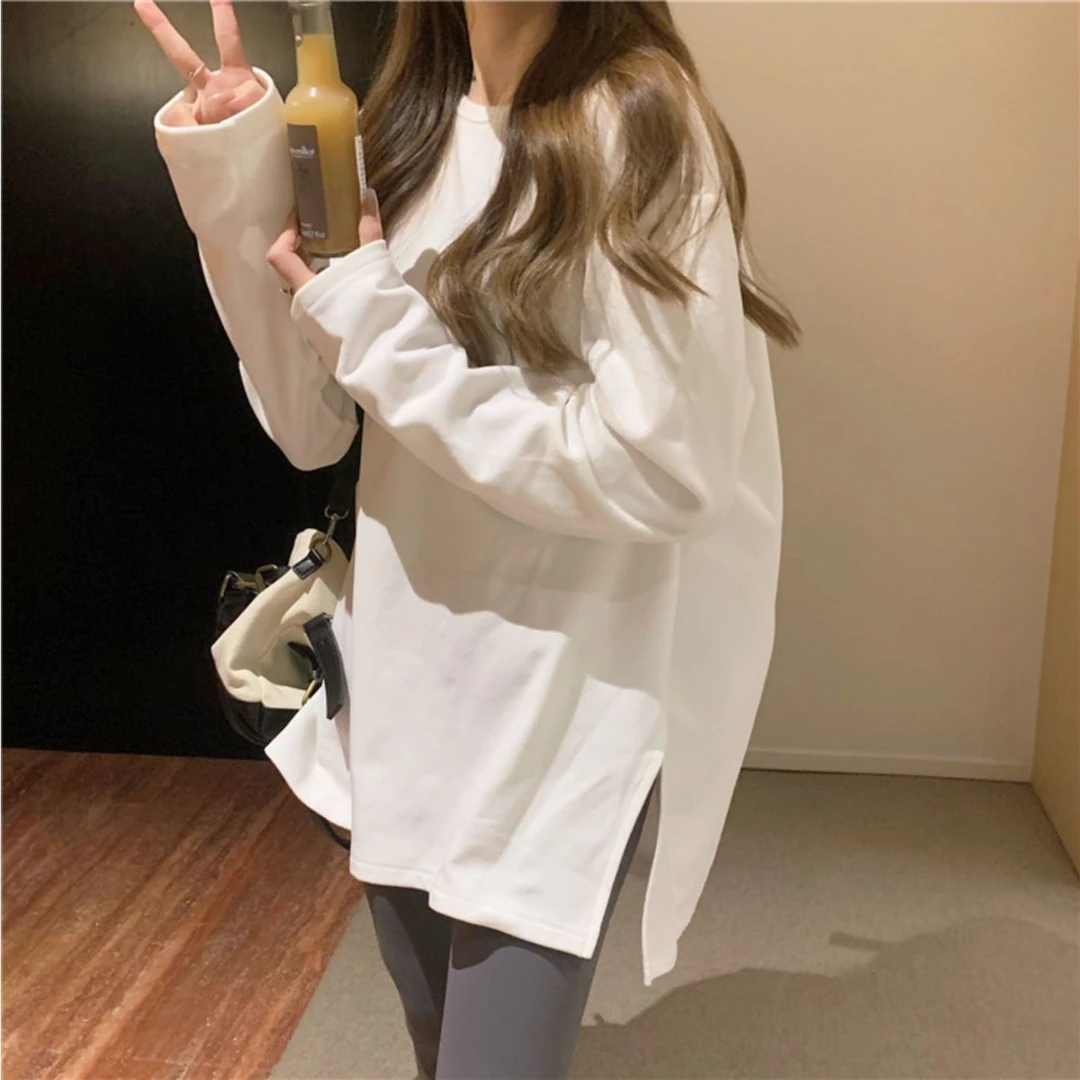 开叉长袖纯棉t恤女春秋冬季2025新款宽松设计感打底衫上衣慵懒风