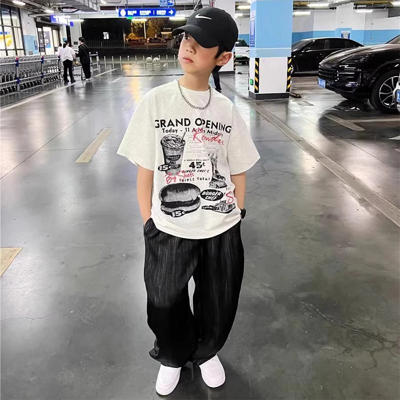 男童夏季套装时髦潮酷儿童夏装休闲短袖中大童薄款防蚊长裤两件套